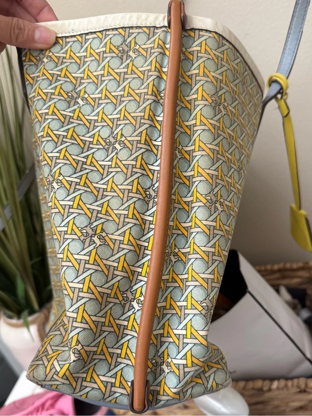 Tory Burch Perry Canvas Tote Bag Purse Weave Large Medium White Blue Yellow